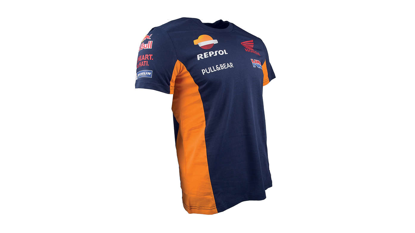 Modré tričko Honda Repsol s logom spoločnosti Honda Racing Corporation.