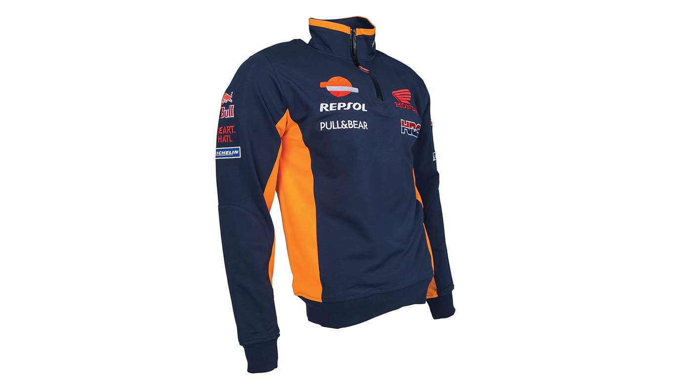 Modrá mikina Honda s farbami tímu MotoGP a logom Repsol.