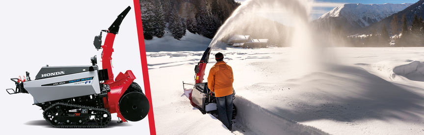 Vľavo: predný trojštvrťový pohľad zľava na model Snowfighter. Vpravo: model Snowfighter počas prevádzky obsluhou, horské prostredie.